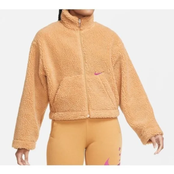 Nike Women's swoosh crop camel tan sherpa fleece xs